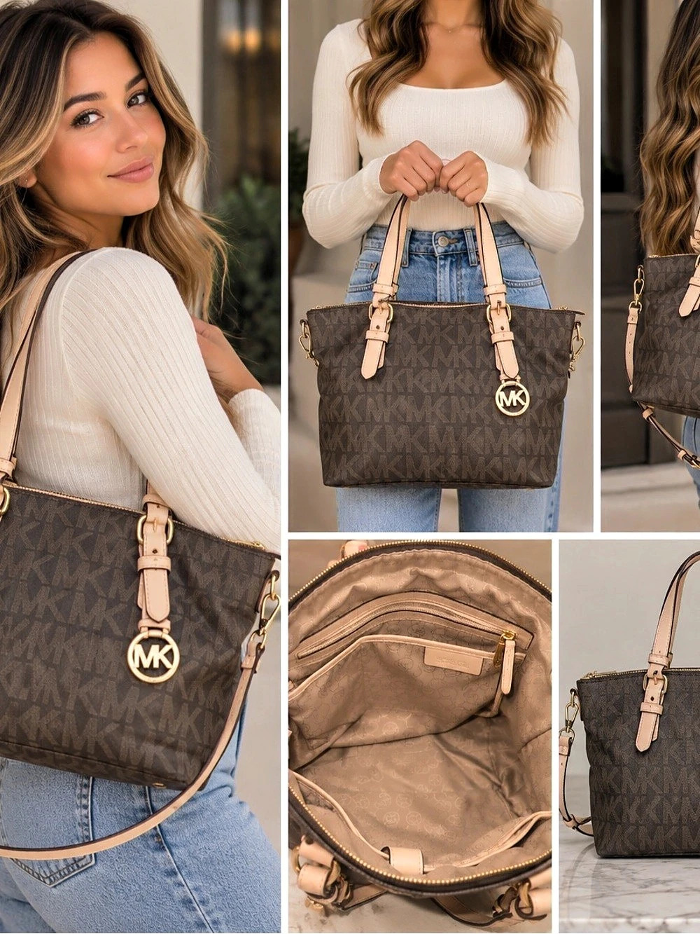Michael Kors Brown MK Signature Logo Tote Shoulder Bag Crossbody